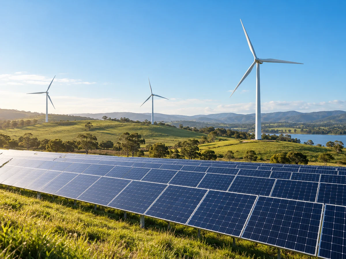 Wind turbines and solar panels in a sunlit rural landscape